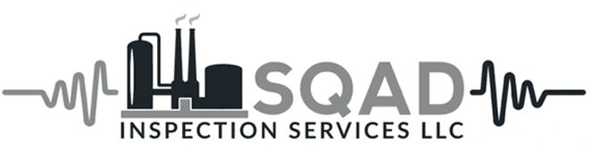 Logo of SQAD Inspection Services LLC featuring industrial silos and chimneys, with soundwave lines on either side.